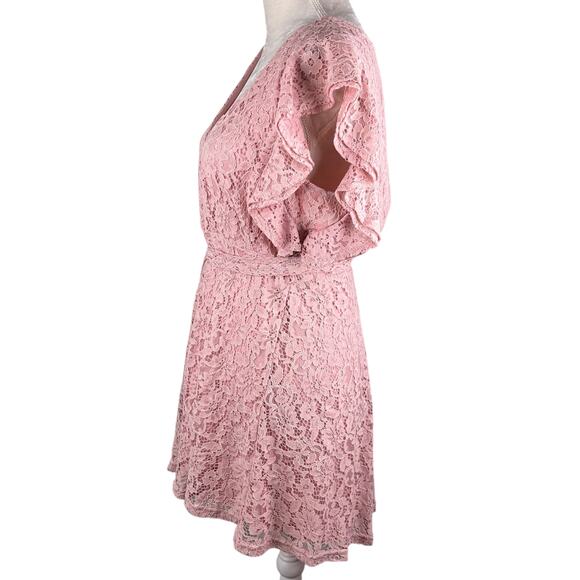 Boohoo Lace Ruffle Sleeve Skater Dress Blush 14 New - Picture 14 of 14